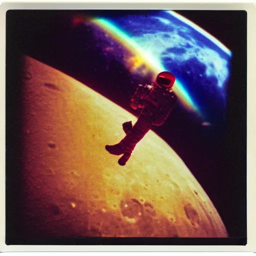 Image similar to polaroid of an astronaut sitting on the moon and watching rainbow nuclear explosion on the earth