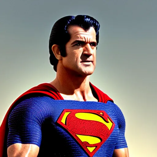 Image similar to Mel Gibson as superman, movie still, 4K, high quality