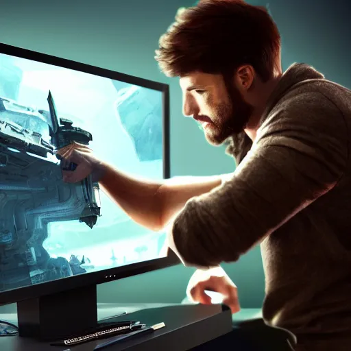 Image similar to realistic man using pc in gaming room, artstation trends, sci fi concept art, highly detailed, intricate, sharp focus, digital art, 8 k