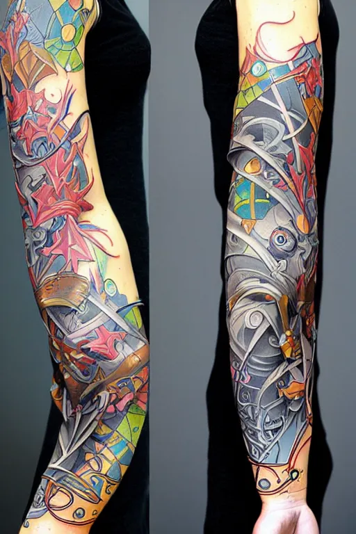 Prompt: tattoo arm sleeves by mc escher and peter mohrbacher