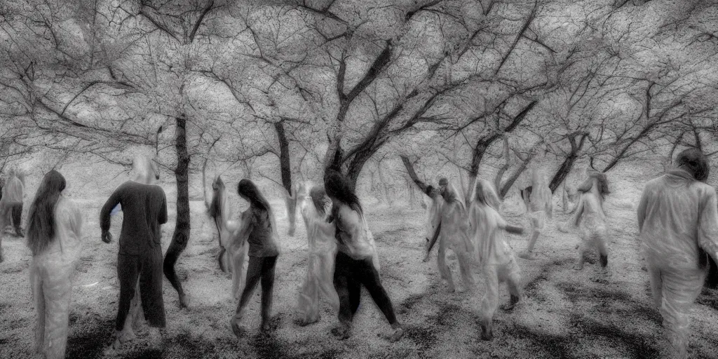 Image similar to love, groups of people in infrared thermal colors, from behind, rebirth, wide angle, cinematic atmosphere, elaborate, highly detailed, thermal heat colors, dramatic lighting