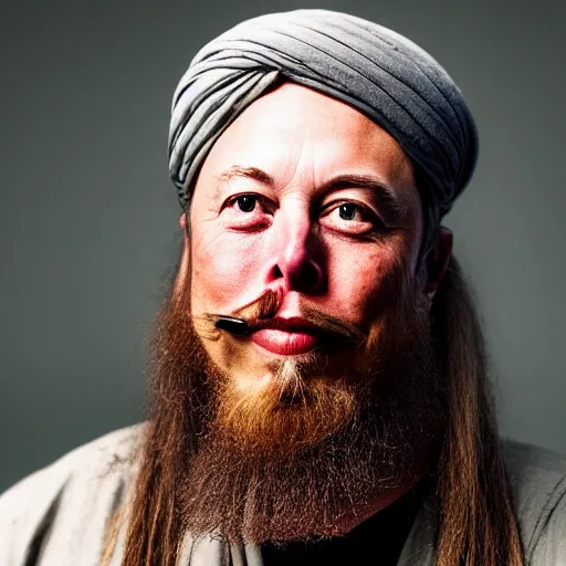 Image similar to a portrait elon musk wearing a long beard joining the taliban while holding a rifle, fine details, 8 k photography, depth of field, bokeh. i