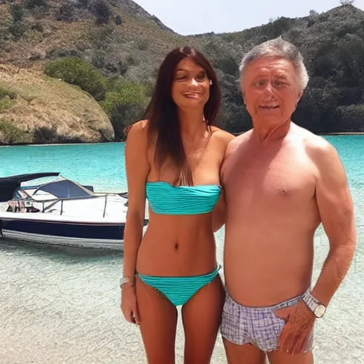 Prompt: photo of a 7 0 year old man that looks young for his age dating a very attractive and completely legal 1 8 year old woman wearing a bikini.