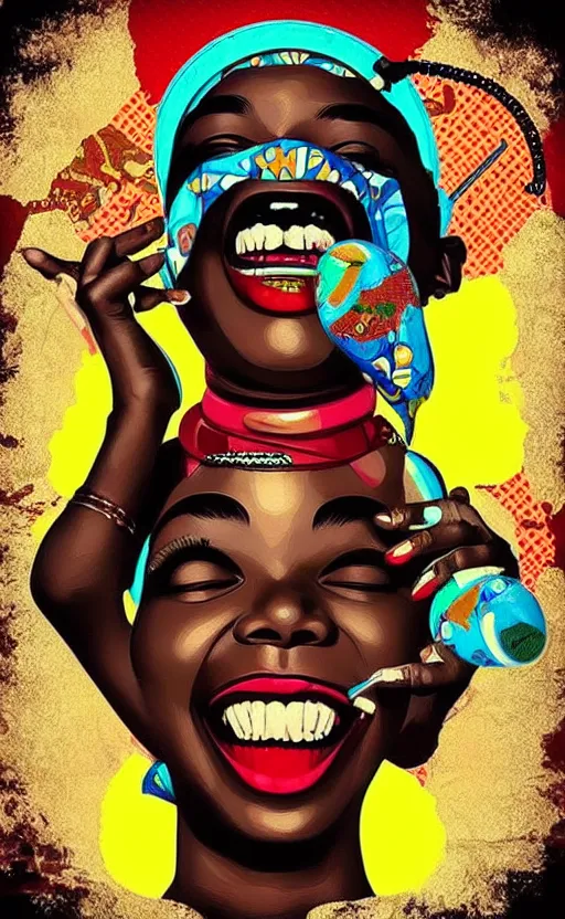 Image similar to mama africa laugh at her child!!! pop art, pixel, bioshock, gta chinatown, artgerm, richard hamilton, mimmo rottela, julian opie, aya takano, ultra hardly intricate details!!! ultra realistic visual!!! sharp focus!!!