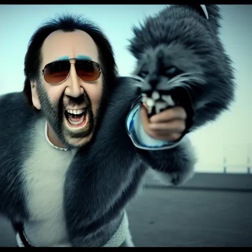 Image similar to nicolas cage beating up furry cosplayers, 8 k, octane render, beautiful composition,