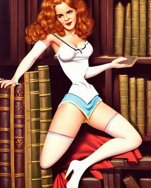 Prompt: pinup photo hermione granger by emma watson in the library of hogwarts, by andrei riabovitchev, james jean, gil elvgren, enoch bolles, by a - 1 pictures, glossy skin, pearlescent, anime, very coherent, anime, flat