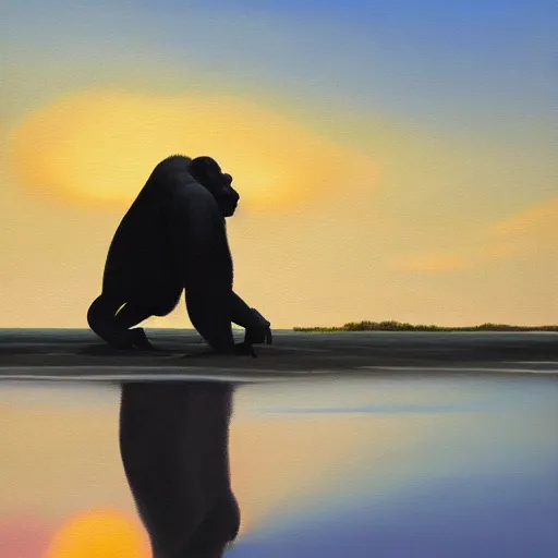 Image similar to oil painting of a gorilla standing on a small island surrounded by shallow water and trees at sunset, trending on artstation