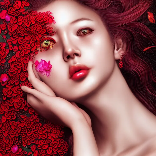 Prompt: studio portrait of an absurdly beautiful, elegant, young hypercolorful sensual gravure idol rubies and red petals, ultrafine hyperrealistic detailed face illustration by kim jung gi, irakli nadar, intricate linework, sharp focus, bright colors, matte, octopath traveler, final fantasy, unreal engine highly rendered, global illumination, radiant light, intricate environment