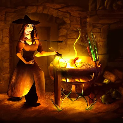 Prompt: a witch adding ingredients to her cauldron, concept art, ambient lighting lit only by the fires glow