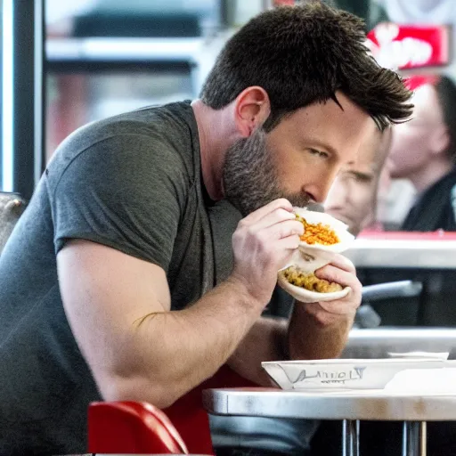 Image similar to A photo of Ben Affleck's Batman eating at KFC. Extremely detailed. 4K