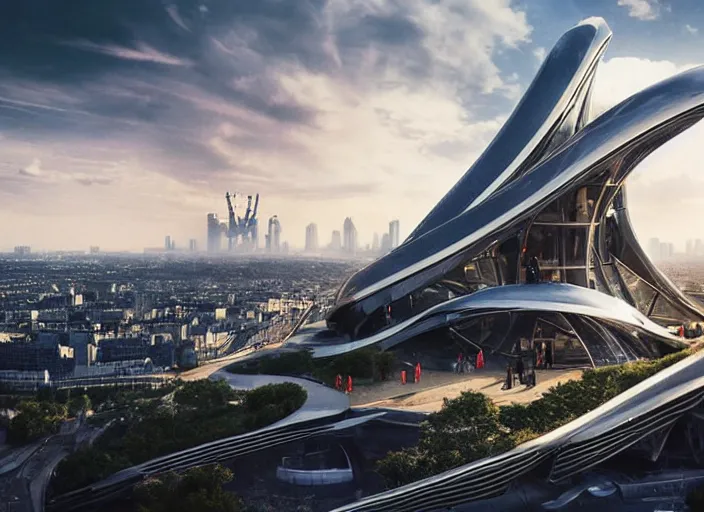 Image similar to futuristic france, scifi, machines, artificial intelligence, ribbon chapel, ultra realistic, cinematic paris, highly detailed, futuristic landscape, beautiful city, futurism, drone point of view, atmosphere, sunny day, masterpiece, red highlights, year 2 0 4 0, cinematic, art by jan urschel and neil blevins