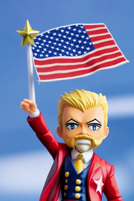 Image similar to still high quality figurine of tall president lula waving a flag, tsurime eyes, tareme eyes, personification, dynamic pose, detailed product photo, featured on amiami, tone mapped, beautiful composition, 8 5 mm, f. 1 4