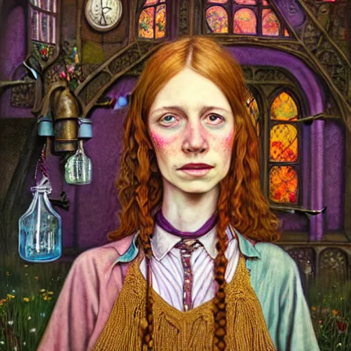 Image similar to Portrait of Magrat Garlick as a kind, hippie, Herbology professor in Hogwarts School of Witchcraft and Wizardry, detailed, hyperrealistic, colorful, cinematic lighting, digital art by Paul Kidby