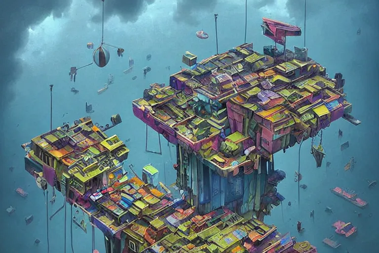 Prompt: surreal cyberpunk city, floating house in the sky, summer morning, very coherent and colorful high contrast, art by!!!! gediminas pranckevicius!!!!, geof darrow, dark shadows, hard lighting