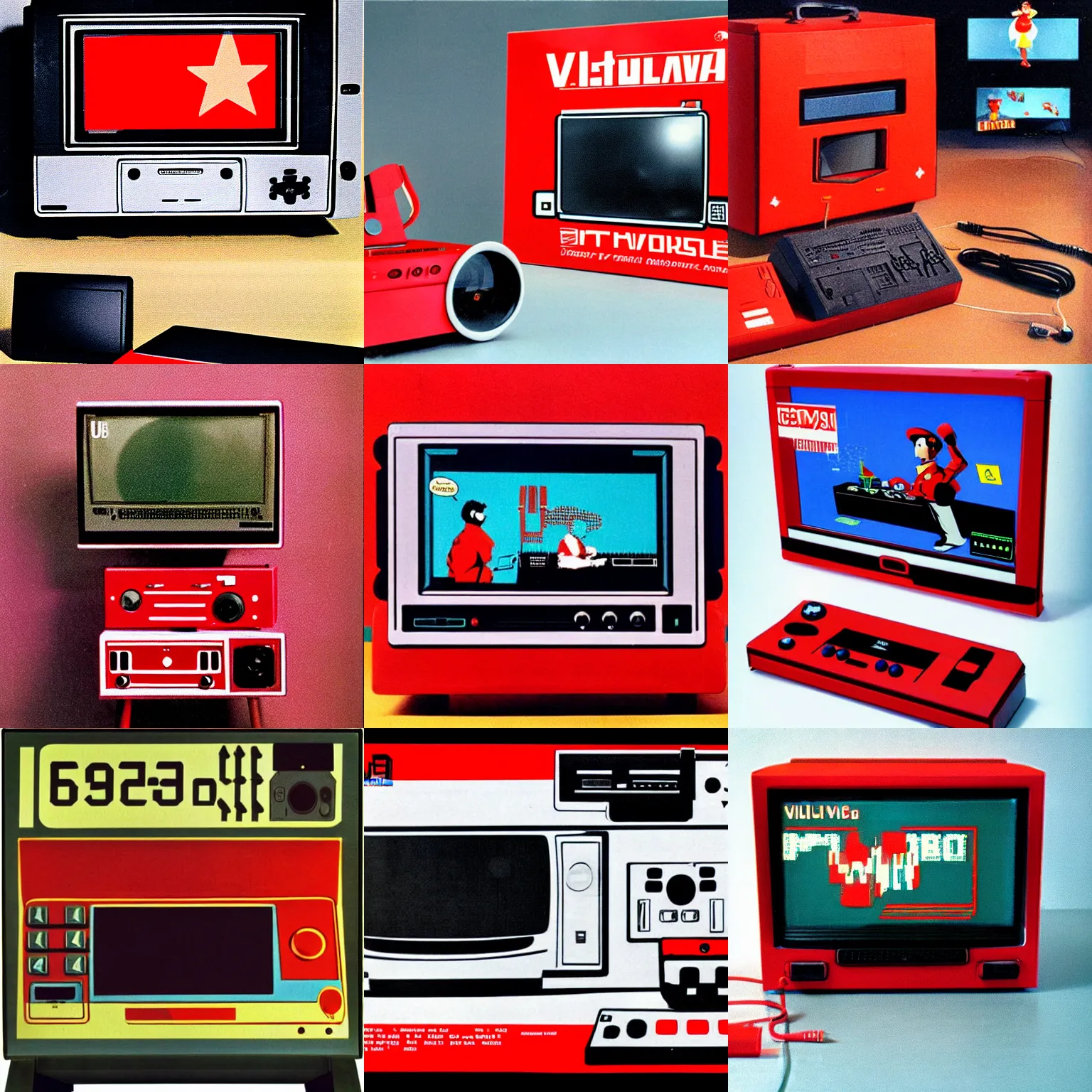 Prompt: console virtualboy with big tv, retro style, ussr, 1980