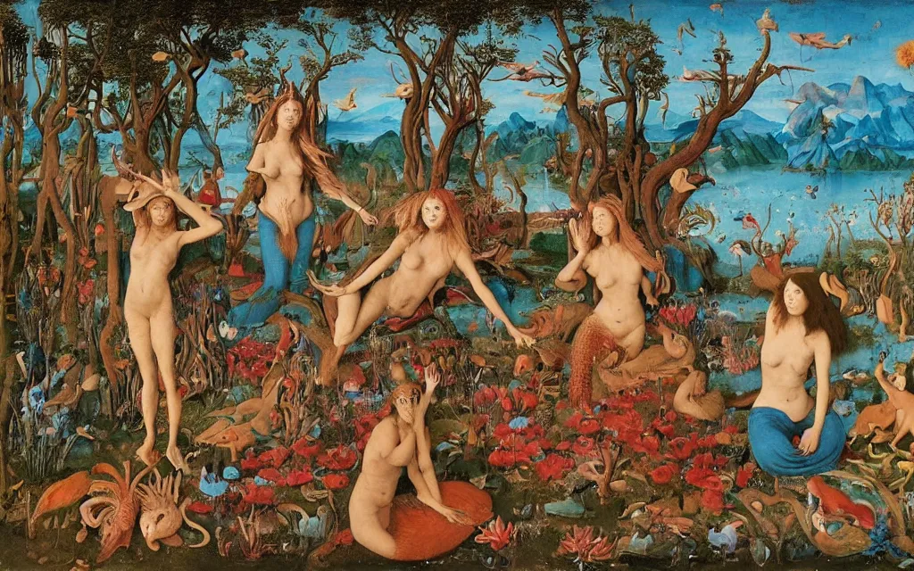 Prompt: a portrait photograph of a meditating mermaid shaman and a flayed centaur monk feeding parrots at a wide river delta. surrounded by bulbous flowers, animals and trees. mountain range under a vast blue sky of burning stars. painted by jan van eyck, max ernst, ernst haeckel, ernst fuchs and artgerm, trending on cgsociety