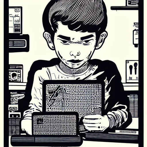 Image similar to illustration of a boy connected to his laptop with wires, highly detailed, by butcher billy, mcbess, rutkowski, james jean,