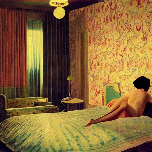 Prompt: a lonely girl in a liminal hotel room, art nouveau wallpaper, film still by wes anderson, depicted by balthus, limited color palette, very intricate, art nouveau, highly detailed, lights by hopper, soft pastel colors, minimalist