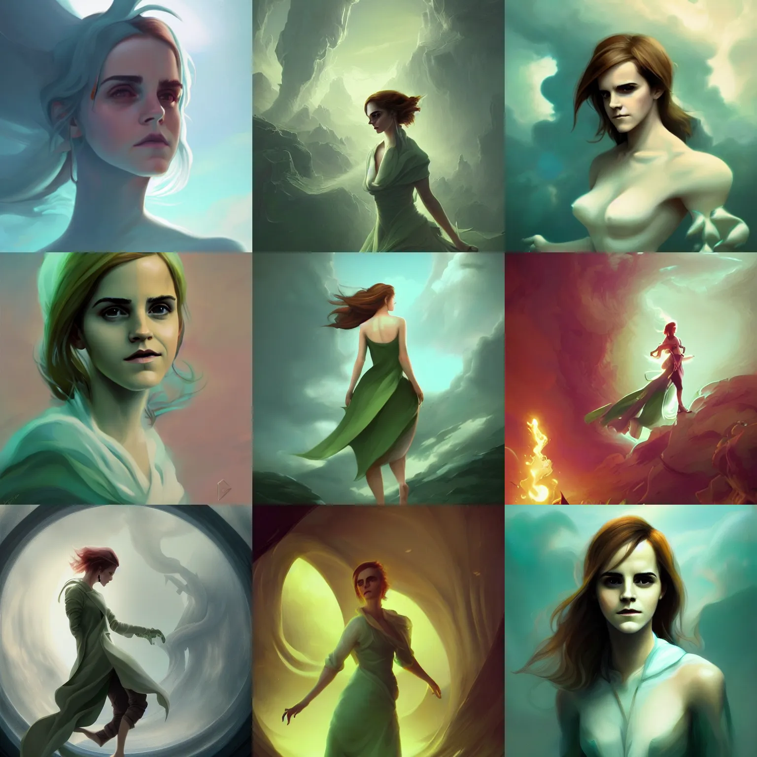 Prompt: emma watson by peter mohrbacher, unreal engine, dynamic lighting, gradient light green, atmospheric