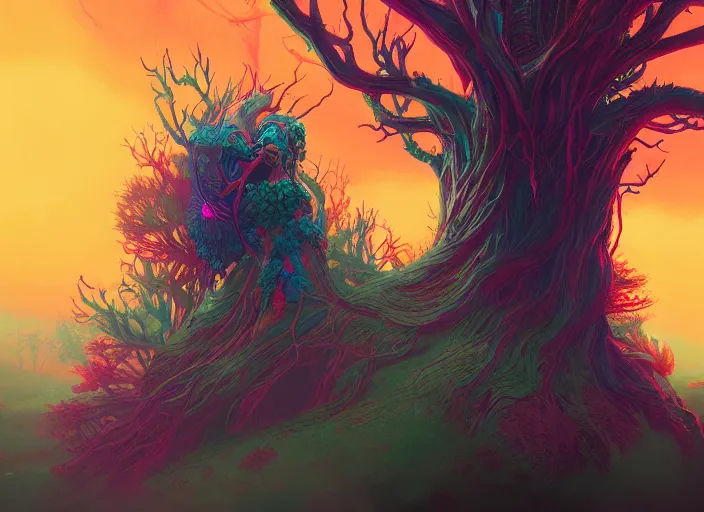 Prompt: A psychedelic portrait of banshee treefolk , vibrant color scheme, highly detailed, in the style of romanticism, cinematic, artstation, Moebius, Greg rutkowski