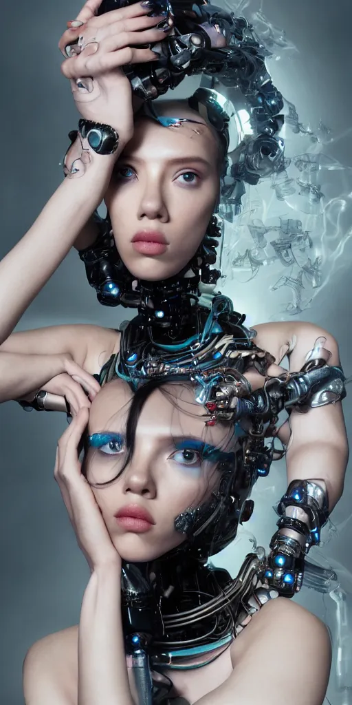 Prompt: hyperrealistic futuristic high fashion photography, girl in studio, full body, cybernetic parts, asian, scarlett johansson, vogue magazine, nomad masterpiece, nano parts, neon lights, smoke, eerie music, beautiful intricate face and flawless skin, tribal jewelry, tattoos, perfect hands, head piece, by Edgar Maxence and Ross Tran and Michael Whelan, 8k, octane render