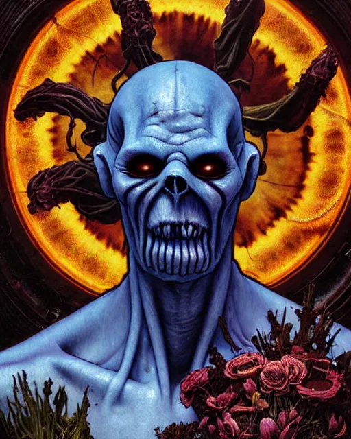 Image similar to the platonic ideal of flowers, rotting, insects and praying of cletus kasady ultimate carnage thanos dementor doctor manhattan chtulu nazgul bioshock davinci, d & d, detailed, intricate, hyperrealism, intense, scary, decay, dmt, art by brock hofer and artgerm and greg rutkowski and alphonse mucha