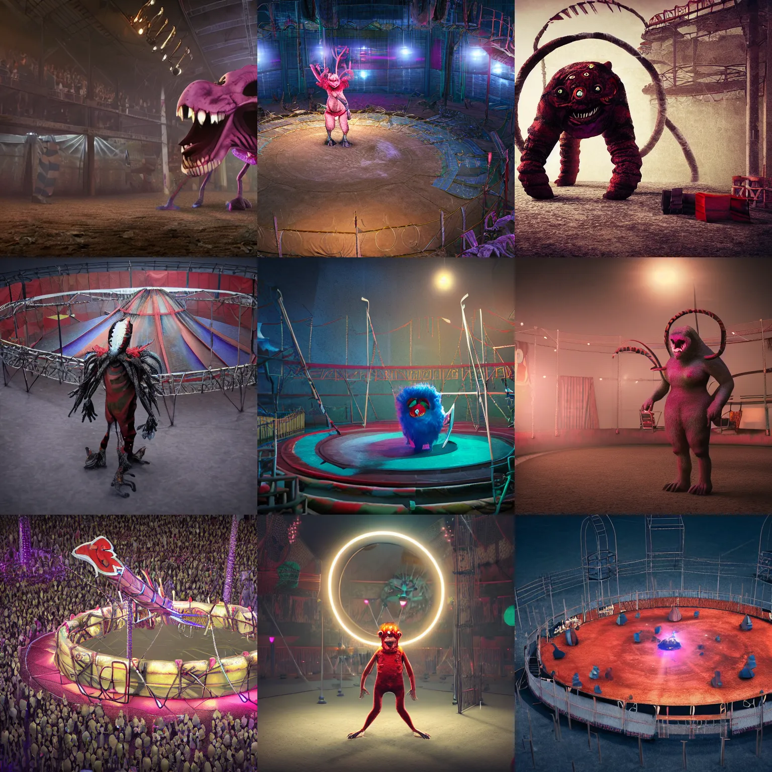 Image similar to circle circus arena, scary mutant in a fun circus arena, hyper - realistic, octane render, 8 k