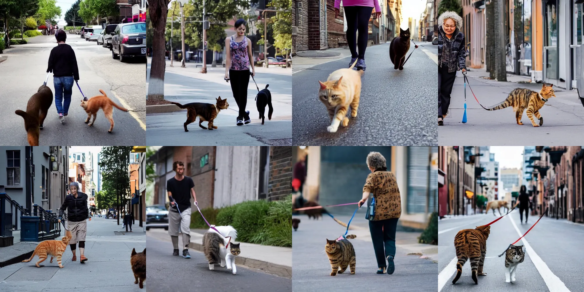 Prompt: A bipedal cat is walking a dog on the street