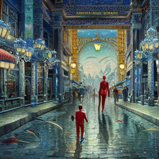 Image similar to humanoid fish man walks through the center of a city, extremely detailed oil painting, 1 9 2 0's colored pencil, highly detailed, highly accurate, deep aesthetic, 8 k, highly ornate intricate details, cinematic lighting, rich colors, beautiful scenic view, ray tracing, hyperrealistic, photorealistic, cinematic landscape, trending on artstation, concept art,