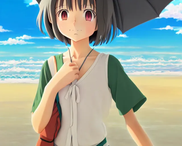 Image similar to anime fine details portrait of joyful girl at beach anime masterpiece by Studio Ghibli. 8k render, sharp high quality anime illustration in style of Ghibli, artstation