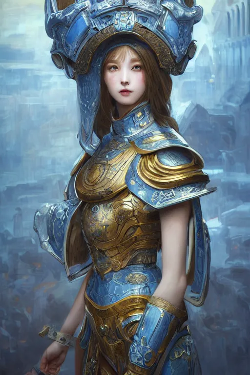 Image similar to portrait knights of Zodiac girl, Chinese Blue and white porcelain color reflected armor, in ruined Agora of Athens, ssci-fi, fantasy, intricate, very very beautiful, elegant, golden light, highly detailed, digital painting, artstation, concept art, smooth, sharp focus, illustration, art by tian zi and WLOP and alphonse mucha