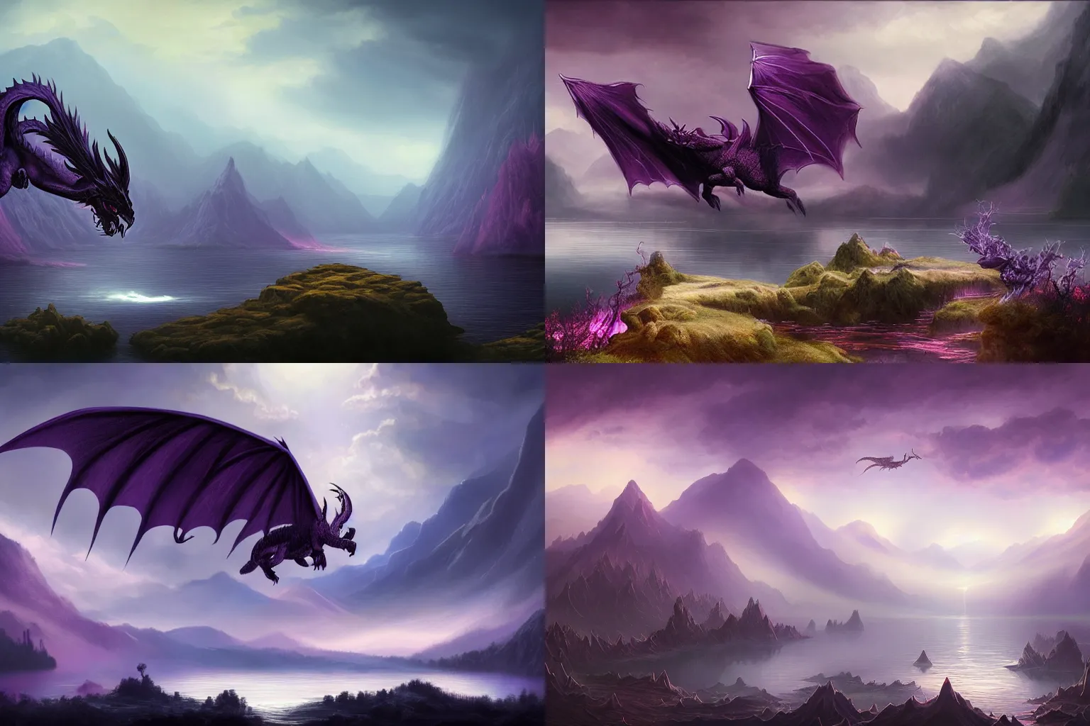 Prompt: landscape masterpiece of a fantasy dark purple dragon, flying over a lake, by Sandara or by Noah Bradley, dark dusk atmosphere, some sparkles, ambient fog