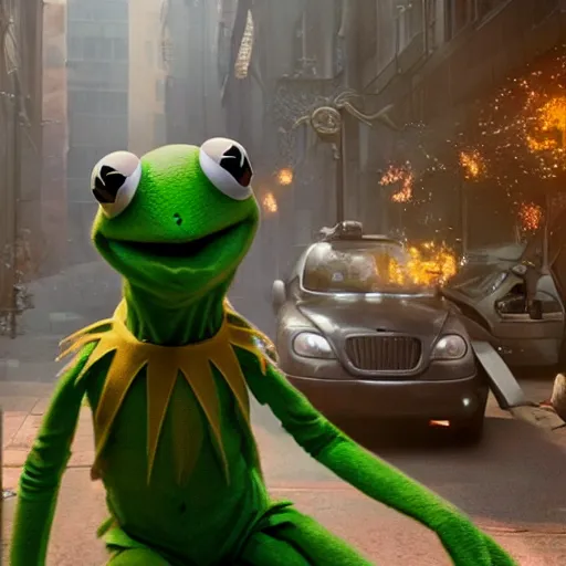 Image similar to a still of kermit the frog in avengers movie, cory loftis, fenghua zhong, ryohei hase, ismail inceoglu and ruan jia. volumetric light, detailed, octane render