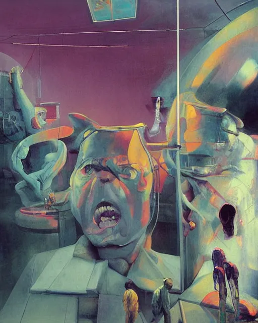 Image similar to strange creature conversing with cube shaped people at a gas station with large oxygen tank in the style of Francis Bacon and Syd Mead and Norman Rockwell and Beksinski, open ceiling, highly detailed, painted by Francis Bacon and Edward Hopper, painted by James Gilleard, surrealism, airbrush, very coherent, triadic color scheme, art by Takato Yamamoto and James Jean