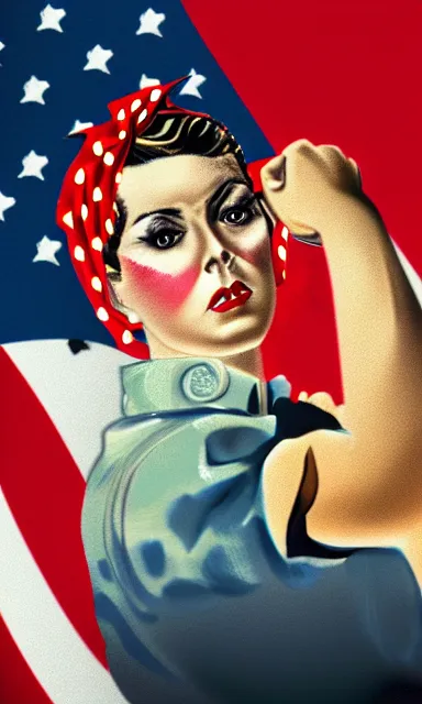 Image similar to photo of rachel bloom as rosie the riveter in real life, 8 k resolution