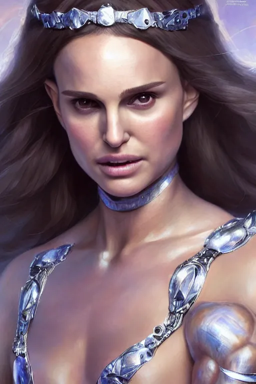 Prompt: Natalie Portman as a goddess, accurate anatomy, IFBB fitness body, only two hands, highly detailed, digital painting, artstation, concept art, smooth, sharp focus, illustration, Unreal Engine 5, 8K, art by art by artgerm and greg rutkowski and edgar maxence