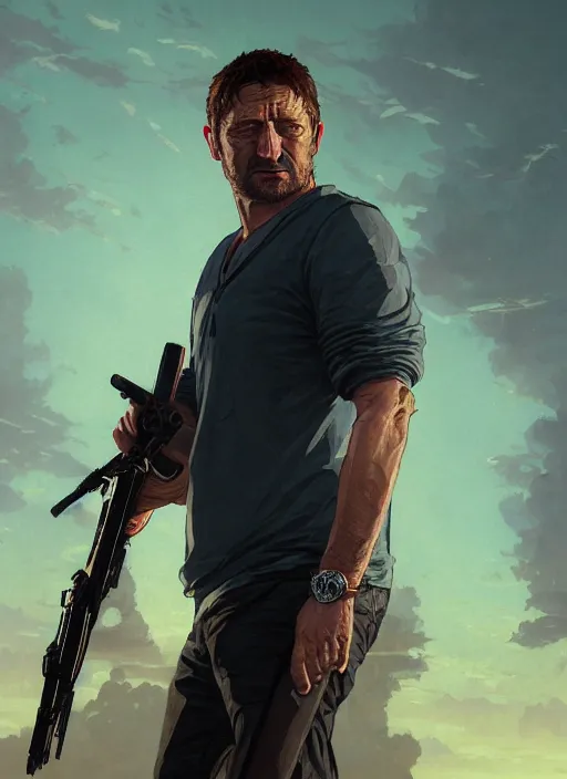 Image similar to Highly detailed portrait of Gerard Butler, in GTA V, Stephen Bliss, unreal engine, fantasy art by Greg Rutkowski, Loish, Rhads, ferdinand knab, Makoto Shinkai and Lois van baarle, ilya kuvshinov, rossdraws, Tom Bagshaw, alphonse mucha, global illumination, radiant light, detailed and intricate environment