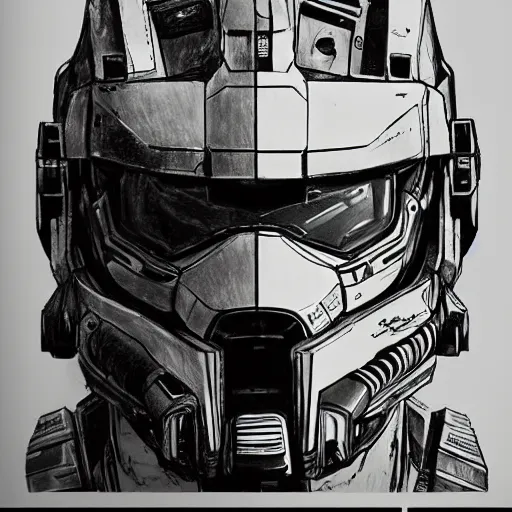 Image similar to A drawing of Master Chief, made by Yoji Shinkawa, highly detailed, trending on Artstation, concept art