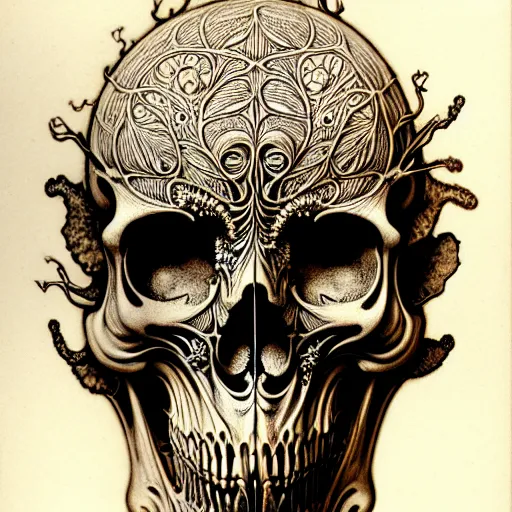 Image similar to art forms of nature by ernst haeckel, memento mori by arthur rackham, ornate antique porcelain beautiful skull mask, ultrasharp, photorealistic, hyperdetailed, octane render, polished, art nouveau, neo - gothic, gothic, intricate ornamental organic filigree, art nouveau botanicals, art forms of nature by ernst haeckel, horizontal symmetry, symbolist, visionary