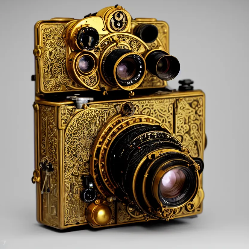 Prompt: photograph of a very very beautiful steampunk medium format camera!!. plain grey background. centered. highly detailed. gold. small lens. artstation, concept art, symmetry, smooth, sharp focus, art by john singer sargent and and mucha by theodore ralli and nasreddine dinet and anders zorn and nikolay makovsky and edwin long