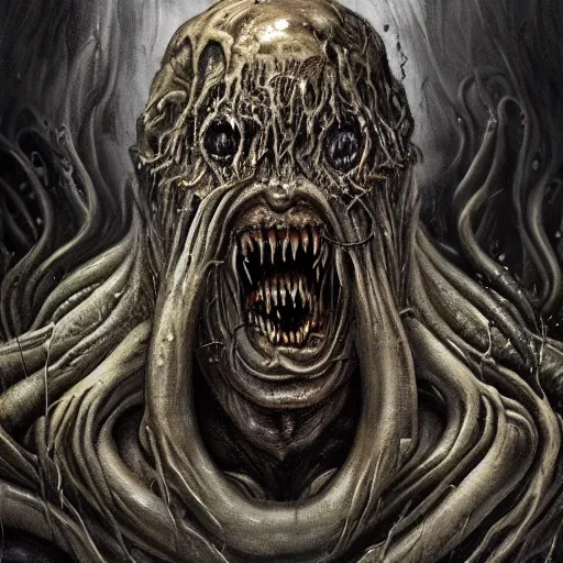 Prompt: Dark fantasy Painting of a hulking muscular demonic flesh creature covered in boils with drool dripping from its mouth, hr giger muscles, tentacles growing from its face, rising out of the depths of the foggy water, full body, disgusting, creepy, unsettling, horror, intricate, wild, highly detailed, digital painting, artstation, concept art, smooth, sharp focus, illustration, art by artgerm and greg rutkowski and alphonse mucha