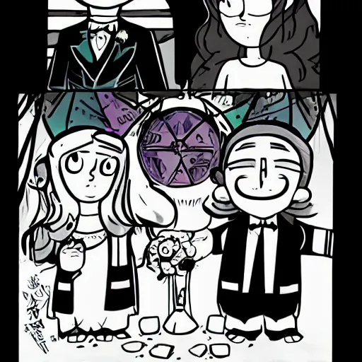 Prompt: gravity falls! white eyes black iris eye, wedding couple, cartoon, comics