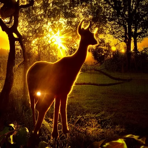 Image similar to animals made of leaves trees and vines, sunset magic hour backlit photography, bokeh