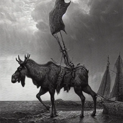 Image similar to anthropomorphic moose barbarian humanoid by gustave dore, pirate ship, sea, fantasy