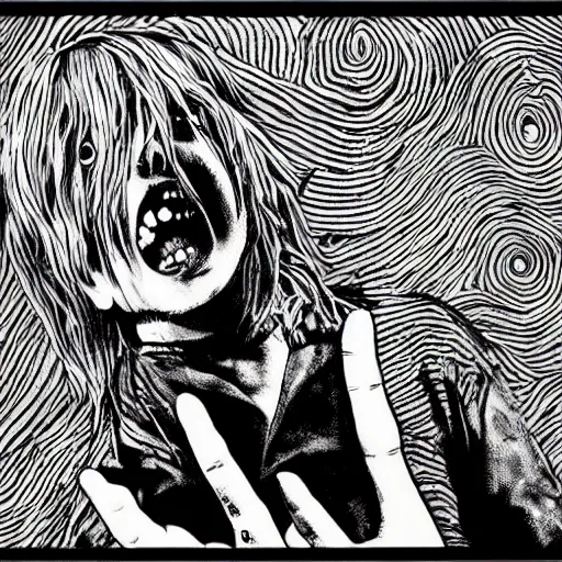 Prompt: Kurt Cobain in the style of Junji Ito. Manga. Black and white. Gothic. Horror. Exquisitely detailed. 4K.