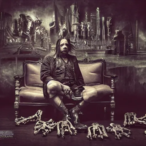 Image similar to a photo of a sad victorian gothic danny trejo sitting on a sofa of bones surrounded by a cyber futuristic cityscape made of human body parts, lighting, 5 0 mm, perfect faces, award winning phhotography