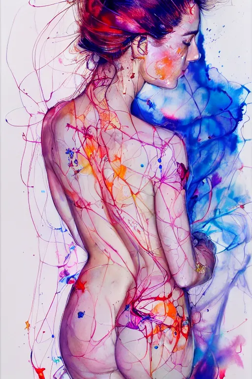 Image similar to sophia vergara by agnes cecile enki bilal moebius, intricated details, 3 / 4 back view, bendover posture, full body portrait, extremely luminous bright design, pastel colours, drips, autumn lights