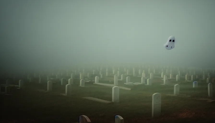 Prompt: a photograph of a translucent ghost floating above a cemetary by a beach, ethereal, foggy, scary ghost, muted colors, landscape