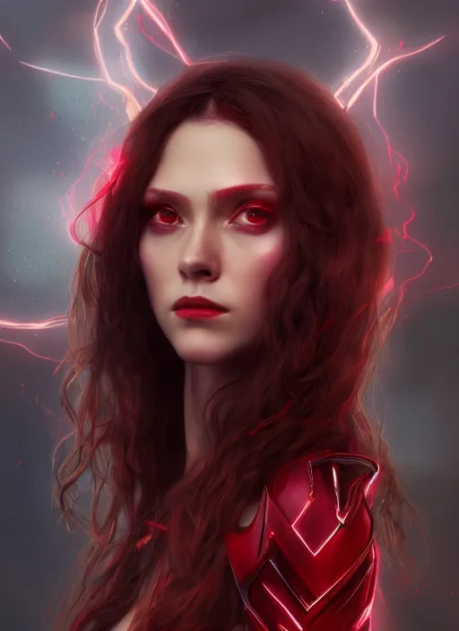 Image similar to Scarlet Witch, full body portrait, hyper detailed, digital art, trending in artstation, cinematic lighting, studio quality, smooth render, unreal engine 5 rendered, octane rendered, illustration, art by wlop and klimt and krenz cushart