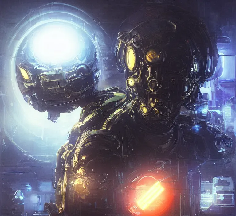 Prompt: portrait sci-fi art by Ruan Jia and Michal Kus, a glowing alien neon orb floating above the hand of a soldier, solar flares, magnetic waves, futuristic environment, detailed and intricate environment, hologram, cyberpunk, neon color bioluminescence, gold and black transparent reflective metal, dramatic lighting, cinematic, high technology, highly detailed portrait, digital painting, artstation, concept art, smooth, sharp focus, ilustration, Artstation HQ